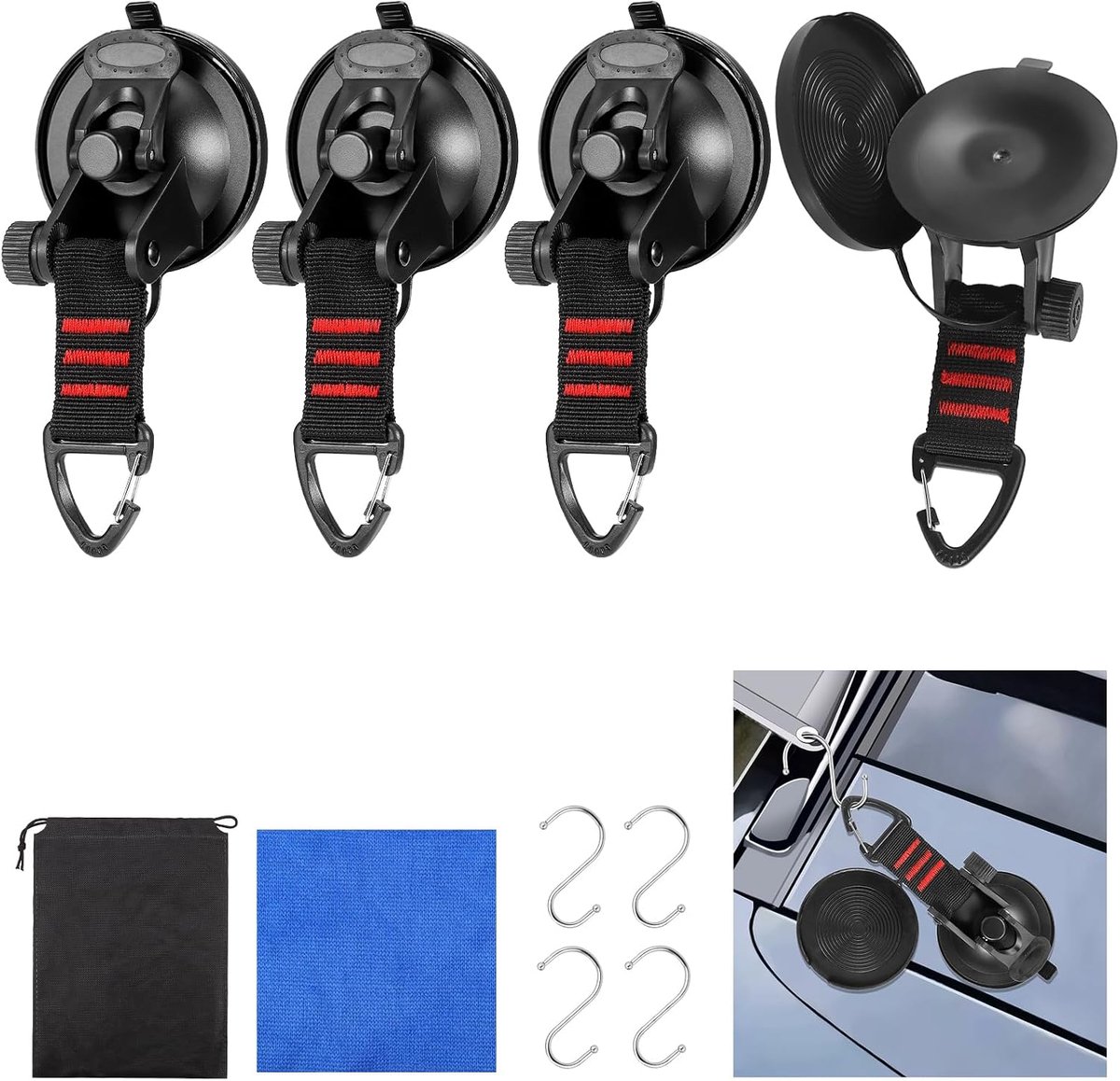 Zuignappen, zuignap met stofdichte dop, vacuüm raamzuigers incl. ruitenwisser en S-haken, luifelzuignappen, veelzijdige zuignaphaken voor camping, luifel, autoglastegel