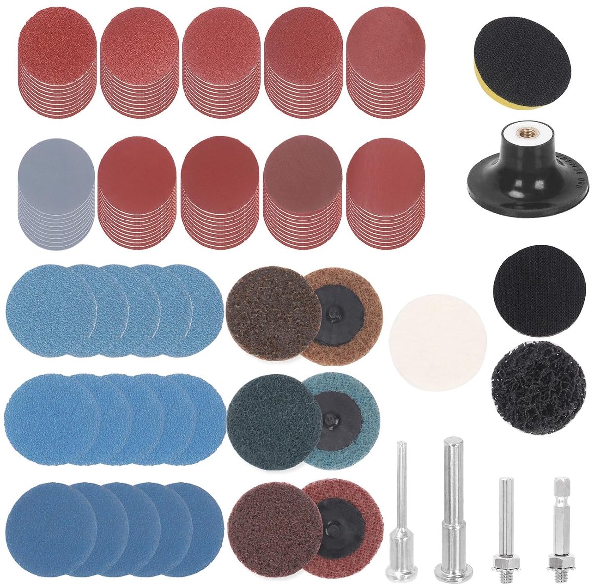 Assortimentskit schuurschijven, 134 stuks, 5 cm snelwisselschijven, oppervlakteconditionerende schijven, schachthouder, steunplaat, bufferpads
