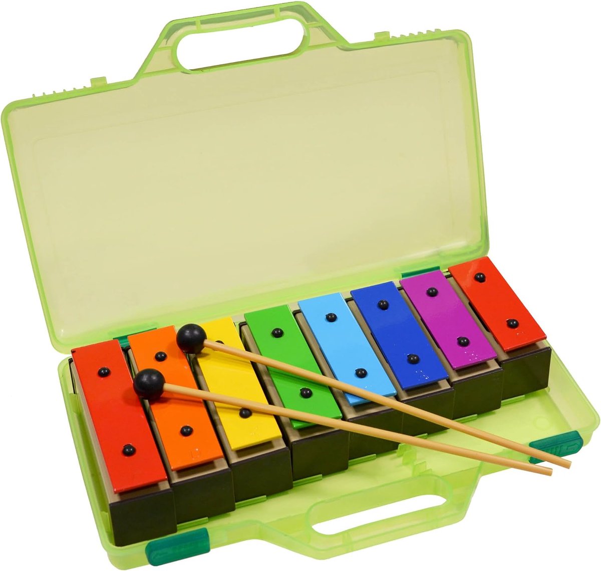 Kleurrijke Chime Bar Set van 8 Sopraan Rainbow Diatonic Glockenspiel Xylofoon in groene harde koffer met twee kloppers - C6 tot C7