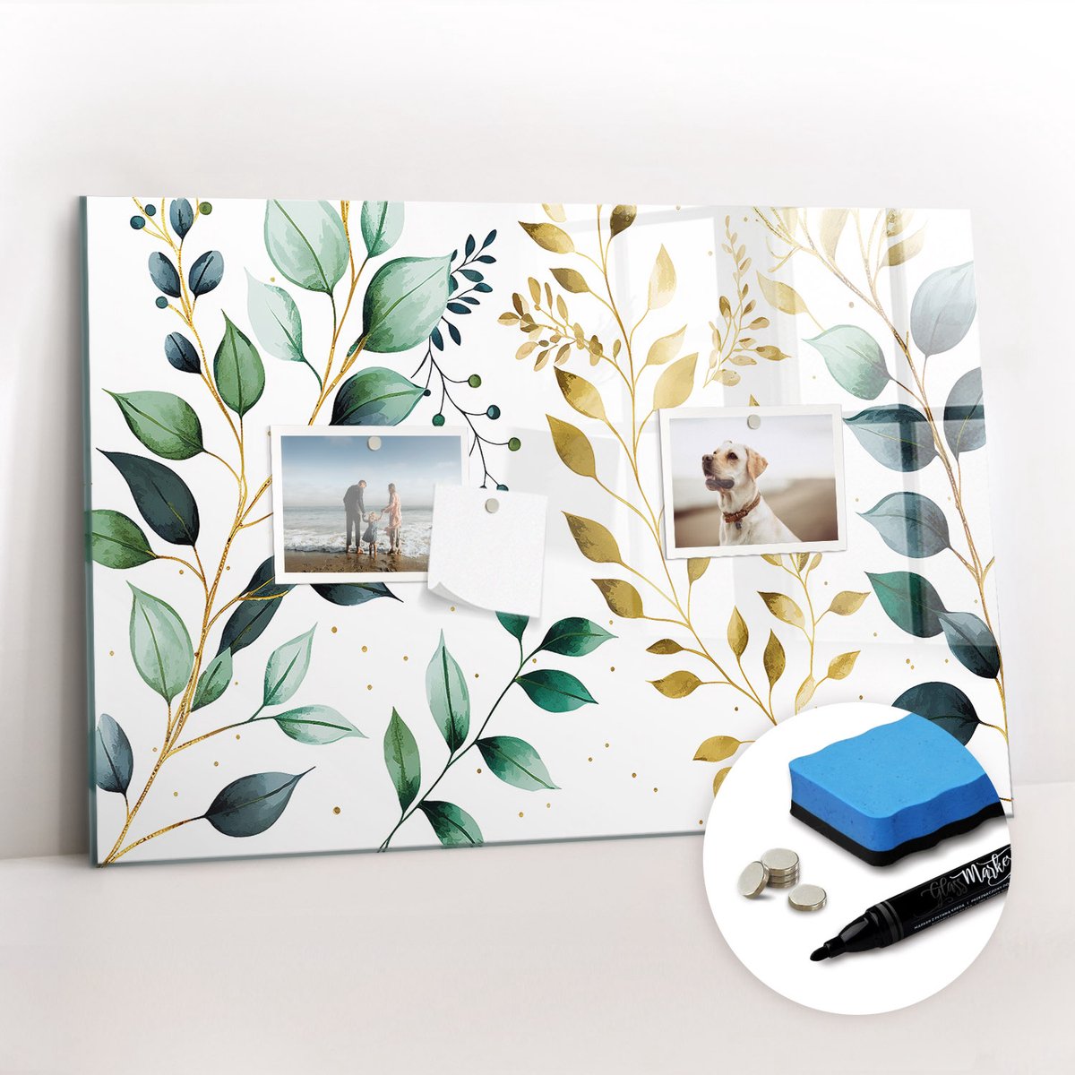 Tulup Whitebord - Patroon van plantenbladeren - 60 x 40 cm - Veelkleurig Foto Magneetbord - Gratis 5 Sterke Magneten + Whiteboard Marker & Wisser - Decoratief Magnetisch Bord - Magneetbord Rechthoekig - Productiviteit Tools