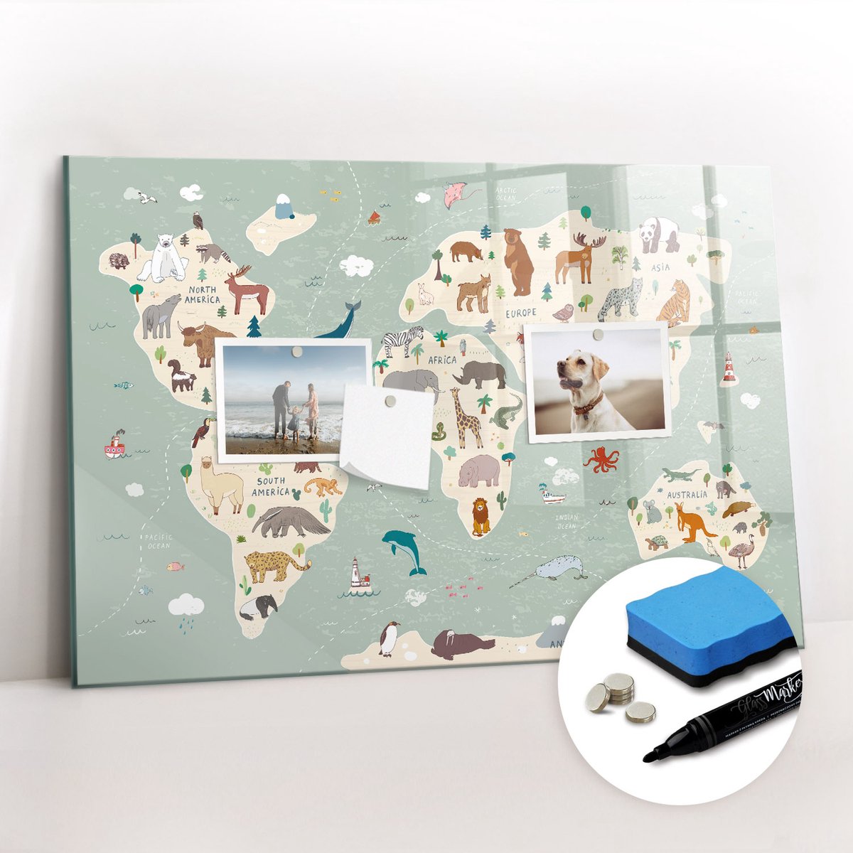 Tulup Whitebord - Dierenkaart van de wereld - 60 x 40 cm - Veelkleurig Memobord Keuken - Gratis 5 Sterke Magneten + Whiteboard Marker & Wisser - Design Memobord - Memo Magneetbord - Productiviteit Tools