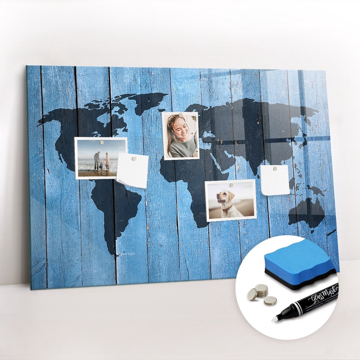 Tulup Whitebord - Wereldkaart op een bord - 90 x 60 cm - Blauw Magneetbord Rechthoekig - Gratis 5 Sterke Magneten + Whiteboard Marker & Wisser - Interieur Accessoires Kantoor - Memobord Keuken - Productiviteit Tools