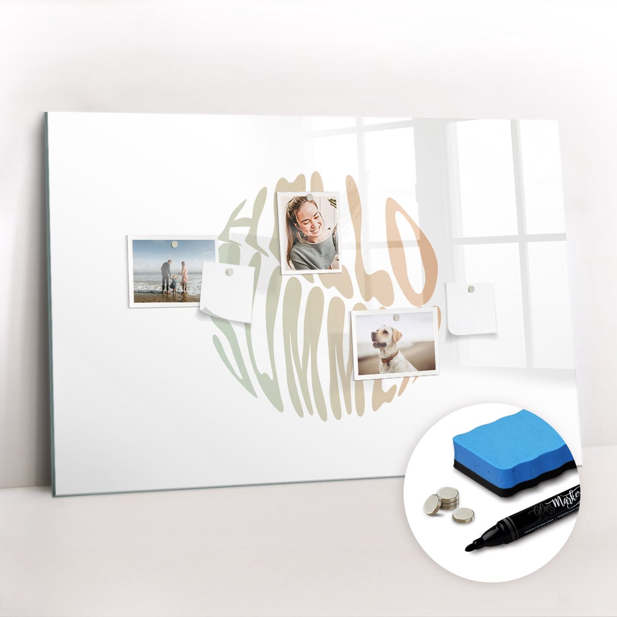 Tulup Whitebord - Hallo zomer - 90 x 60 cm - Veelkleurig Foto Magneetbord - Gratis 5 Sterke Magneten + Whiteboard Marker & Wisser - Organizer Muur - Magneetbord Rechthoekig - Organiseer Je Bureau