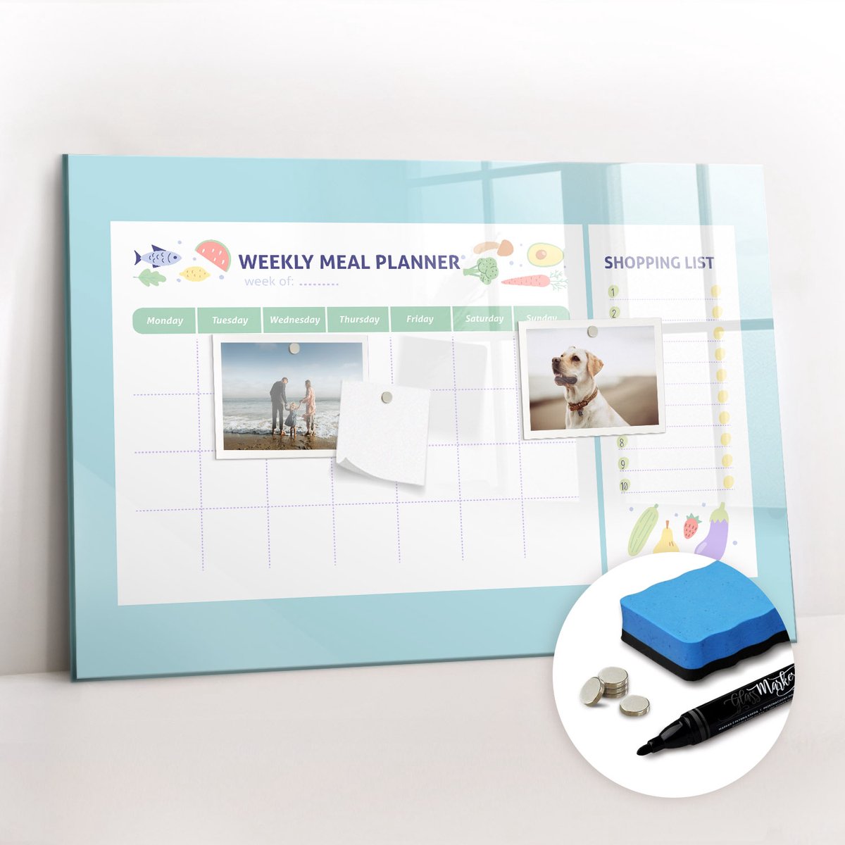 Tulup Whitebord - Gezonde maaltijdplanner - 60 x 40 cm - Blauw Magneetbord Keuken - Gratis 5 Sterke Magneten + Whiteboard Marker & Wisser - Scandinavisch Design Bord - Memo Bord - Planning Muur