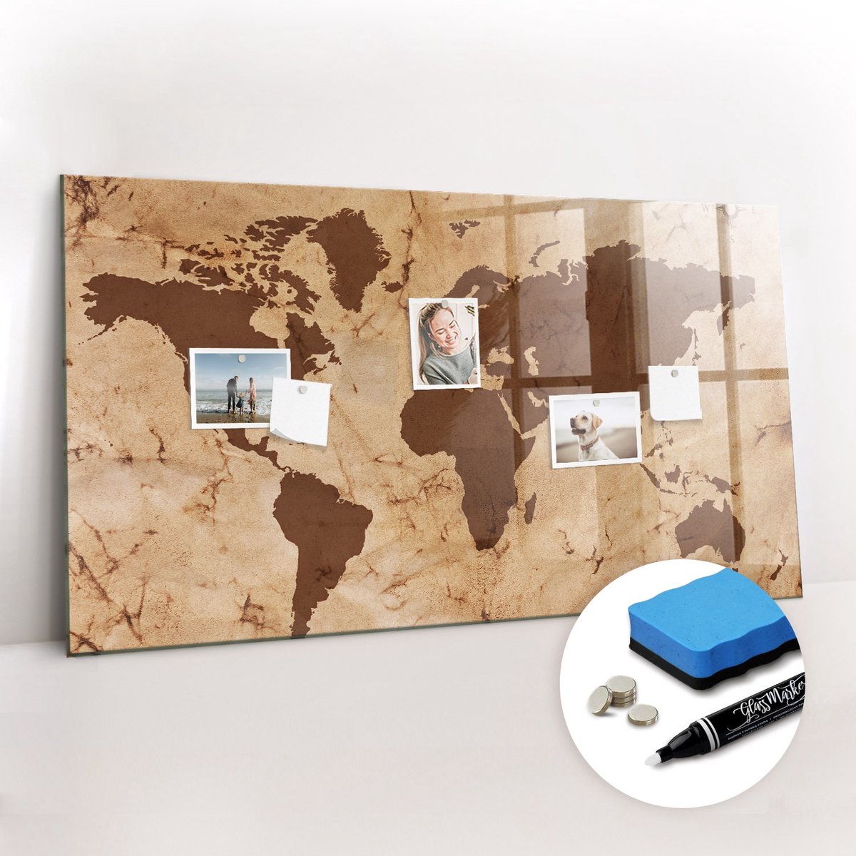 Tulup Whitebord - Vintage wereldkaart - 120 x 60 cm - Bruin Magnet Board - Gratis 5 Sterke Magneten + Whiteboard Marker & Wisser - Scandinavisch Design Bord - Magneetbord Design - Organiseer Je Bureau