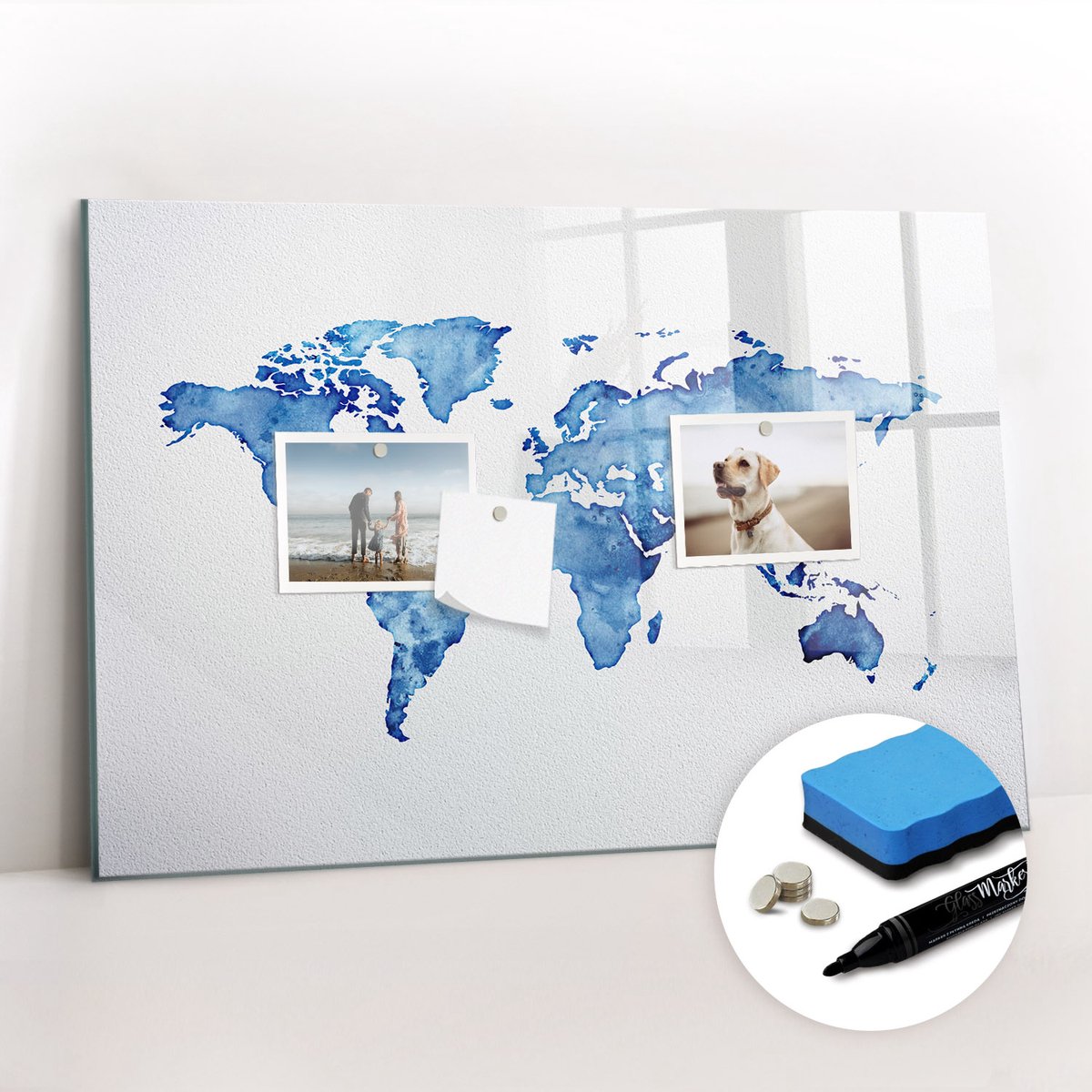 Tulup Whitebord - Pastel wereldkaart - 60 x 40 cm - Blauw Magnetic Board - Gratis 5 Sterke Magneten + Whiteboard Marker & Wisser - Minimalistisch Prikbord - Magnetisch Memobord - Organiseer Je Bureau