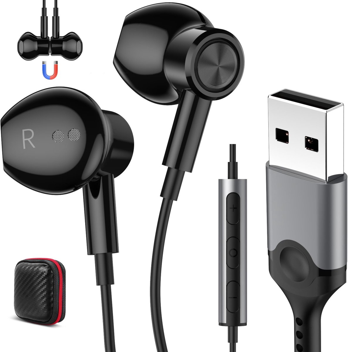 SnelShoppen - PC-hoofdtelefoon met kabel voor laptop, lichte USB A headset voor gaming, comfortabele oorkussens, verstelbare hoofdband, ideaal voor th
