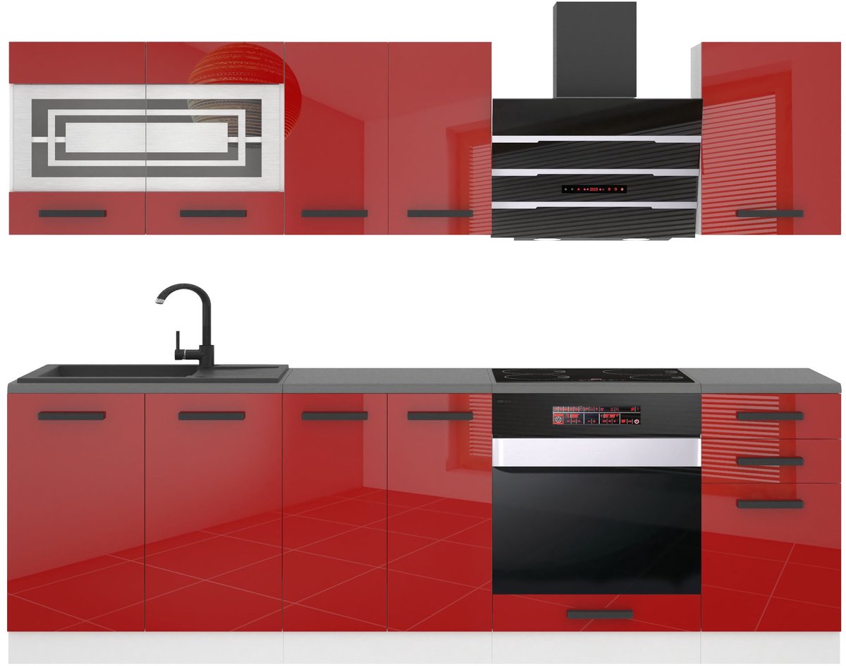 BELINI Keukenblok MARGARET - Keukenmeubel Set 240 cm Rood Hoogglans zonder Werkbladen - Boven- en Onderkasten