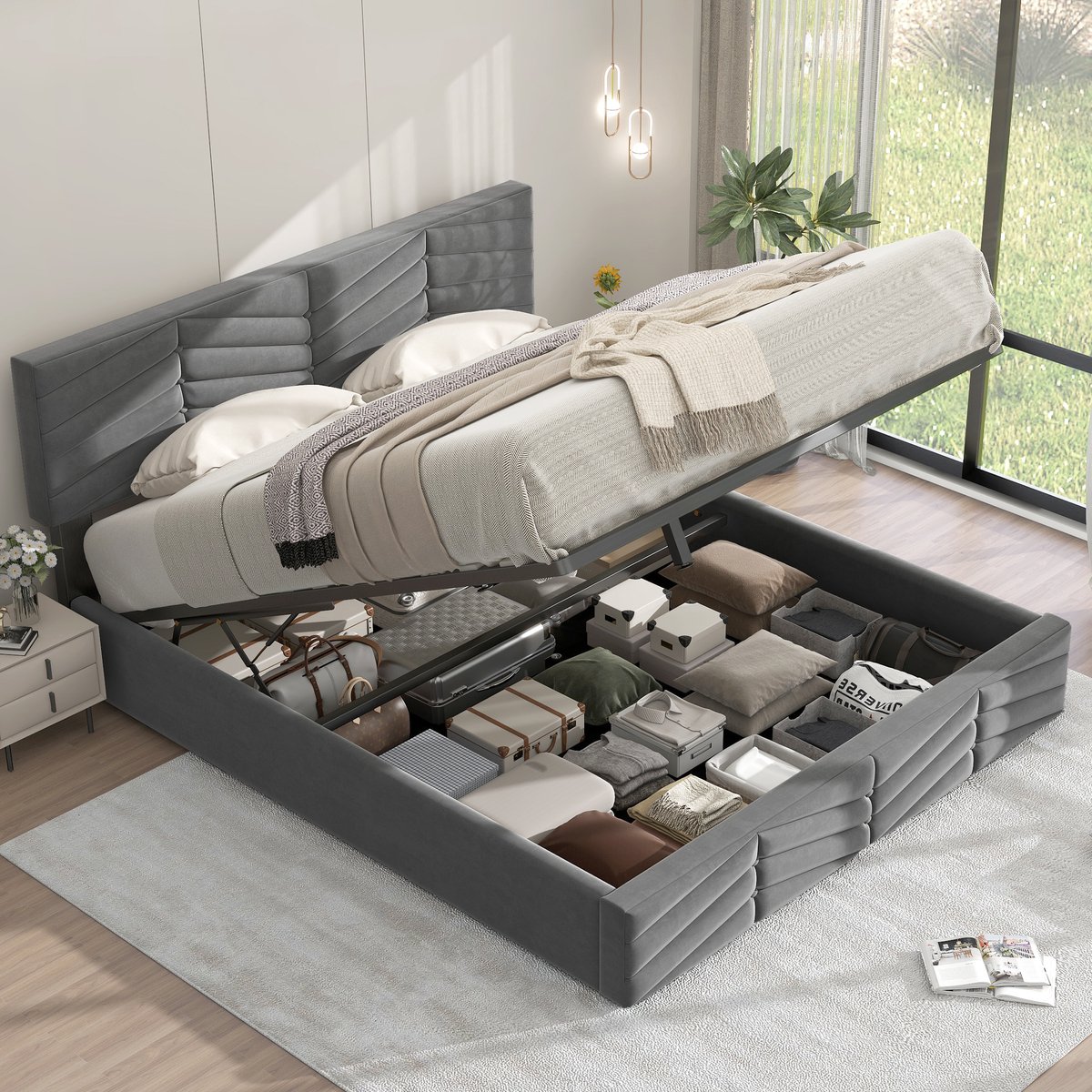 Gestoffeerd Bed 140x200 cm - Velvet Bed Met Hydraulische Opbergruimte En Verstelbaar Hoofdbord Grijs