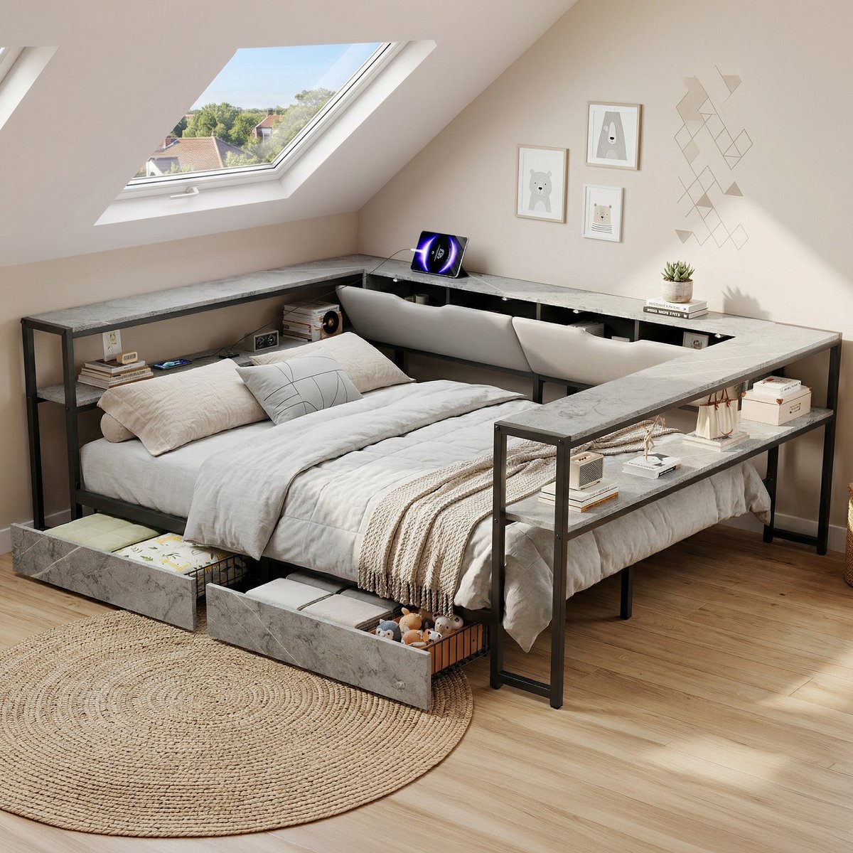 Slaapbank Bed 140x200 Cm - Dagbed Met USB-C, Laden En Metalen Lattenbodem Grijs