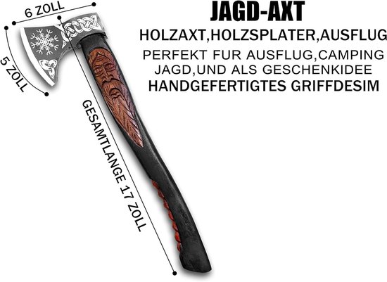 Ragnarök Handgesmede outdoor bijl, 56 cm, cadeau en verzamelstuk van koolstofstaal met gesneden essenhouten handvat, wolf- en draakdesign, lederen schede voor camping — afbeelding 2