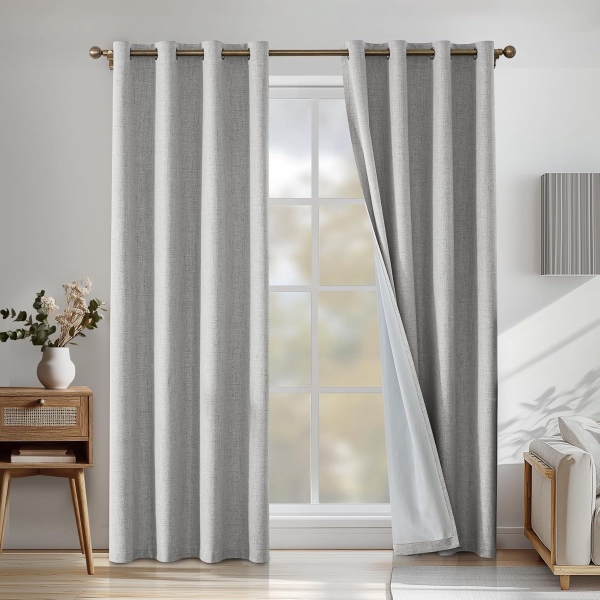 100% Verduisterend Linnen Effect Gordijnen Set Van 2, 140x245cm, Ondoorzichtig Warmte-Isolerende Thermische Gordijnen Met Ringen, Geluidsbescherming, Voor Slaapkamer Woonkamer, Grijswit