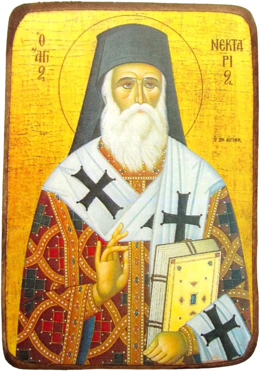 Houten Griekse christelijke orthodoxe hout pictogram van Saint Nectarios van Aegina / A0