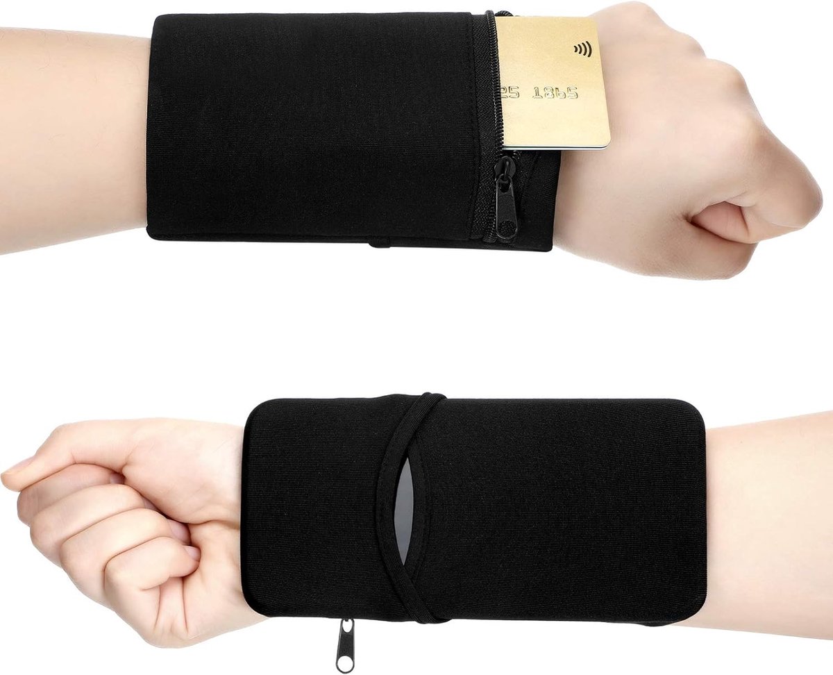 Pocket Polsband Portemonnees, 2 Stuks Armband, Rits Polsband Portefeuilles voor Outdoor Running Fietsen en andere sporten (zwart)