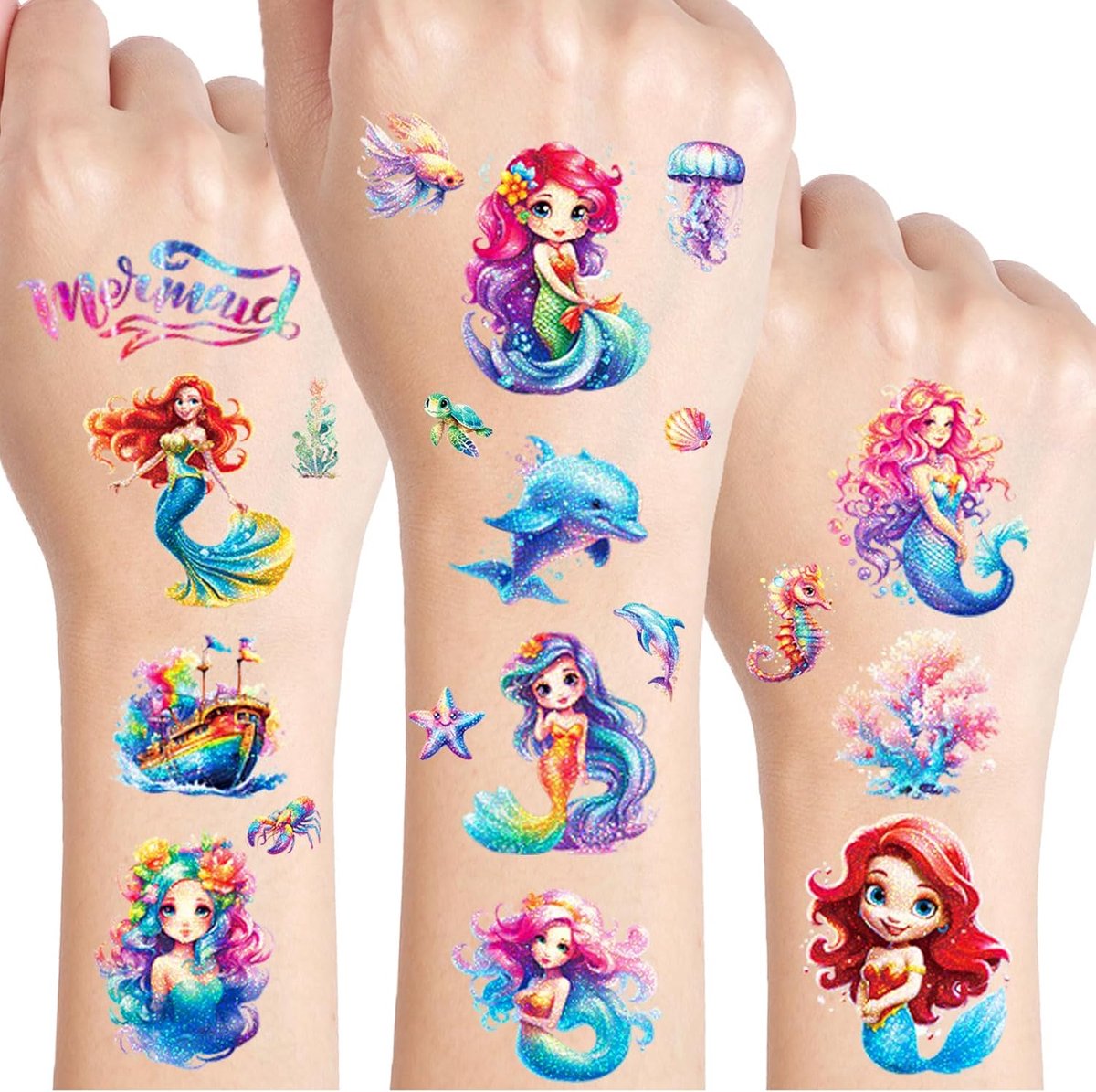 Tattoo Set, 12 Vellen Zeemeermin Tijdelijke Tatoeages voor Kinderen, Zeemeermin Geschenken voor Meisjes, Feestzakken, Verjaardagsdecoraties