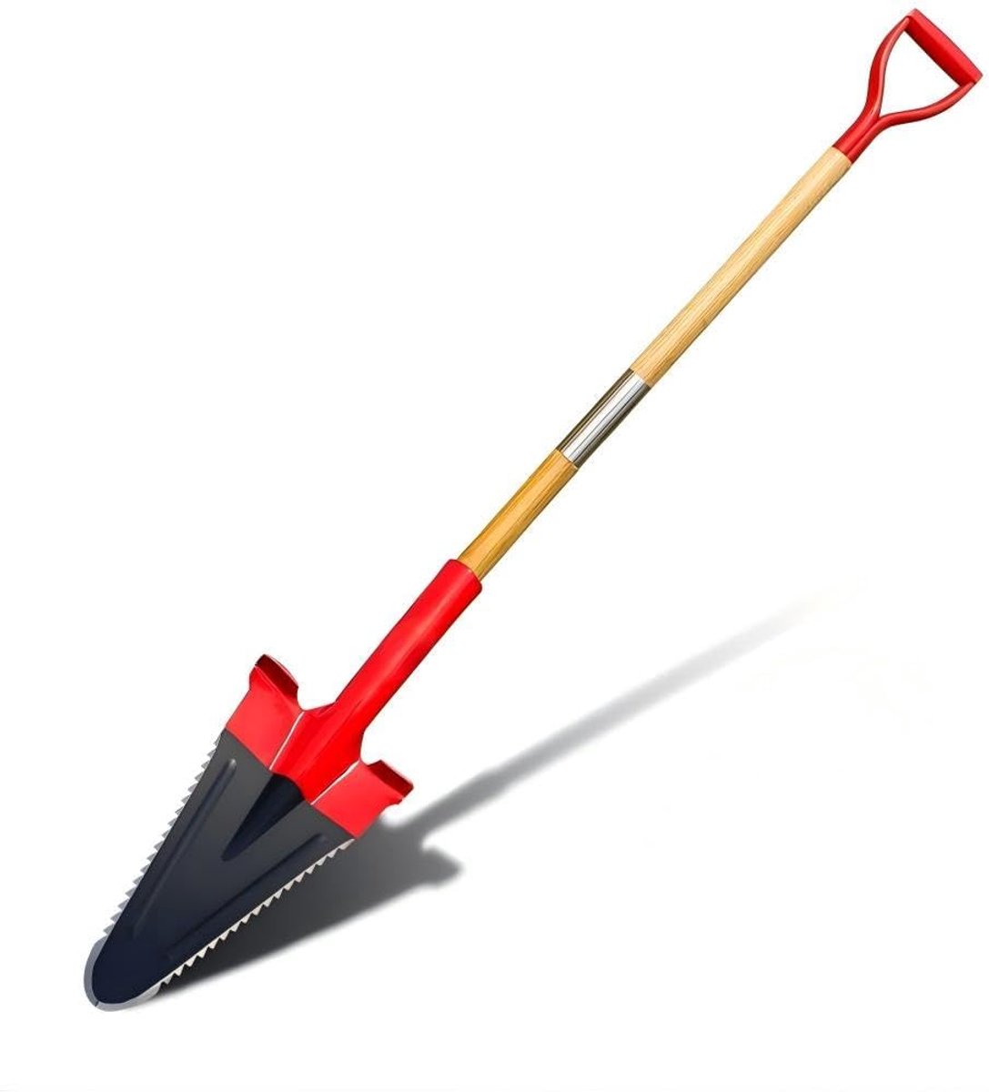 Spade met wortelzaag, 142 cm wortelspade voor eenvoudig graven in de tuin, tuinspade met brede staprand, geschikt voor het graven, snijden en doorzagen van wortels in harde grond (punt)