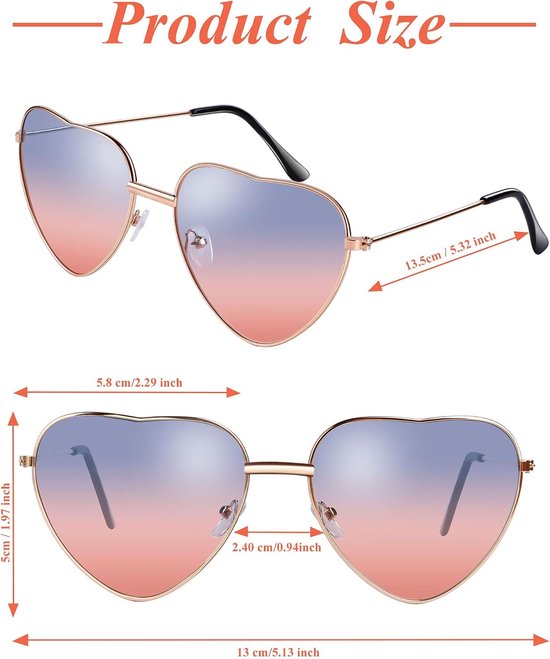 Zonnebrillen dames hart gevormde zonnebril metalen frame retro zonnebril hippiebril party kostuumaccessoires, roze, blauw, Eén Maat — afbeelding 3