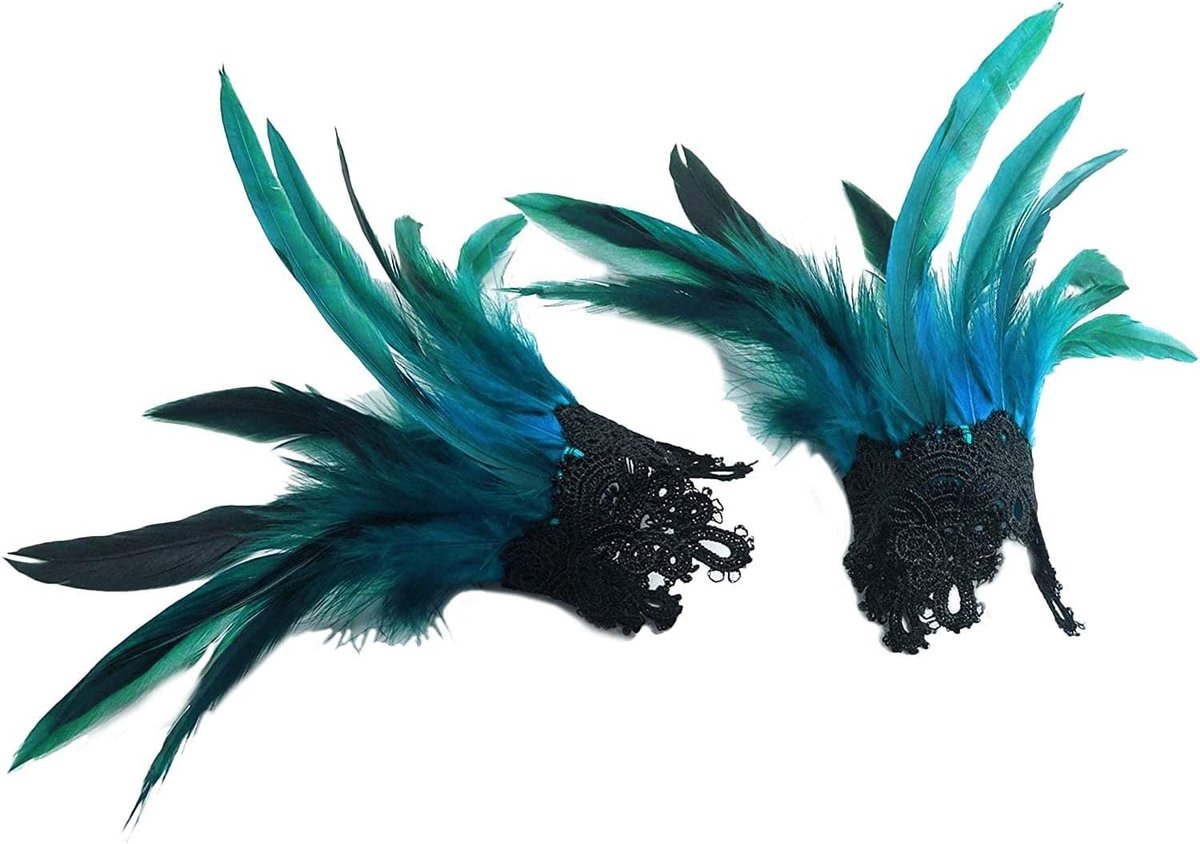 Gothic Feather Cuff Polsband voor Halloween Kostuum met Acid Blue Kleuren en Unieke Stijl