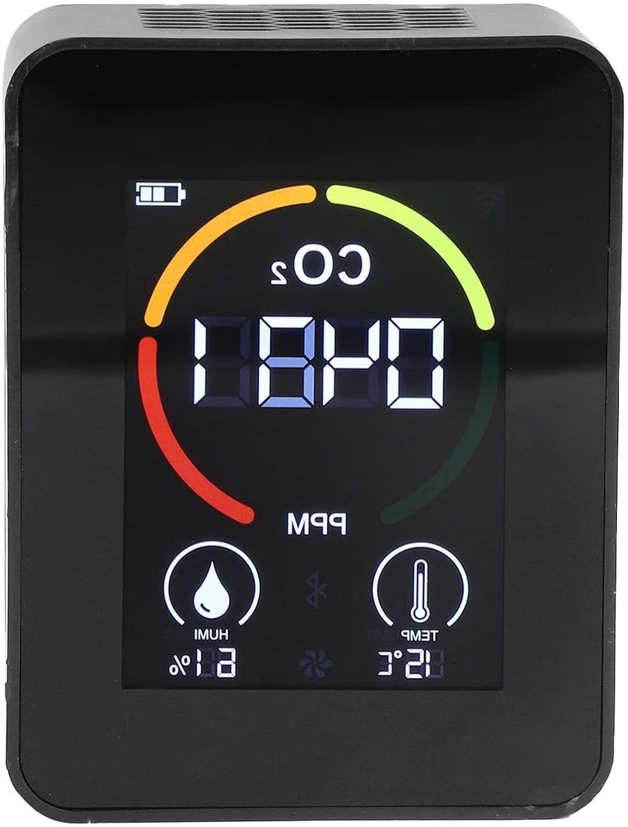 CO2 Detector - Luchtkwaliteit Meter - Binnenklimaat Controleren - Real-time Display - 400-5000 ppm - Zwart