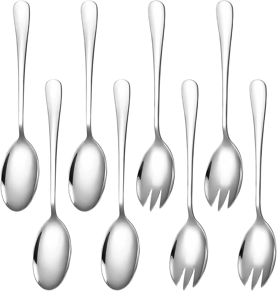 Saladeserveerset 8 Stuks voor Keuken, Eetkamer, Feesten, Buffet en Hotel | Roestvrij Staal Saladebestekset met 4 Saladelepels en 4 Saladevorken, 20cm Glanzend Zilver Serveerbestek, Duurzaam Slabestek