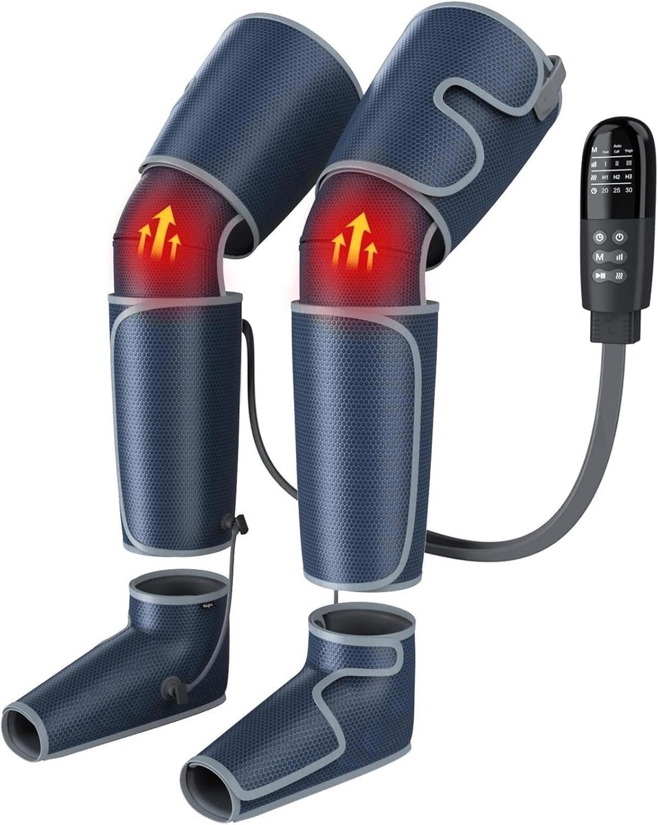 Beenmassageapparaat met warmte voor de doorbloeding, luchtcompressie-voet-, kuit-, dijbeen-kniemassageapparaat voor pijnverlichting, 4 modi, 4 intensiteiten, 2 warmteniveaus, 10 x 2 airbags