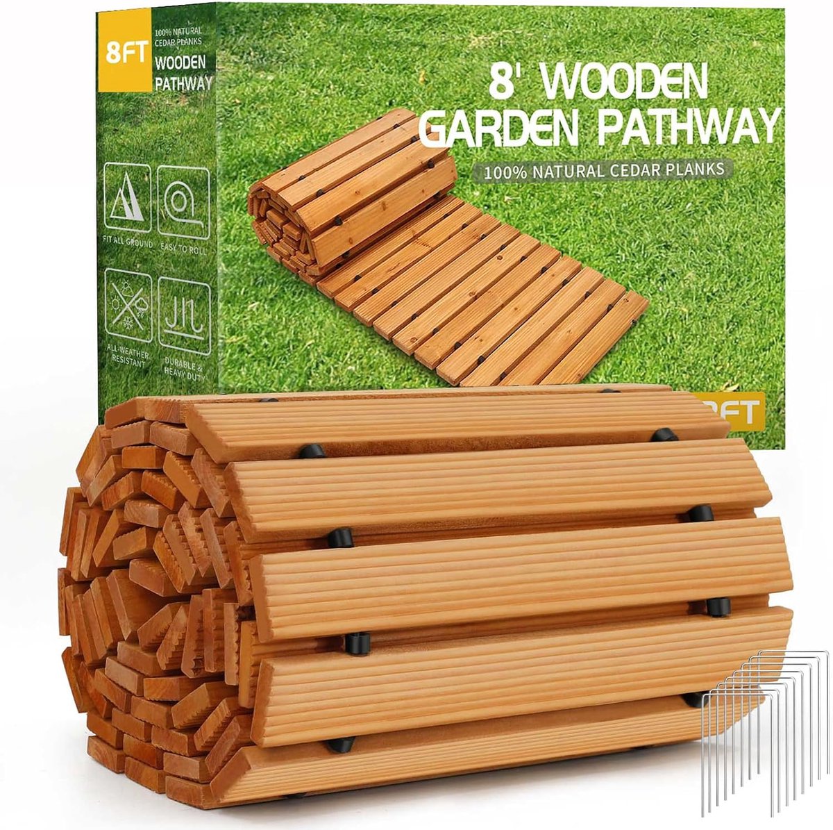 Houten tuinpad, uitrol ceder rechte loopbrug voor buiten, terraspad decoratieve tuin promenade looppaden, weerbestendig oprolbaar strand houten wegvloer, bruiloftsfeestpaden (8')