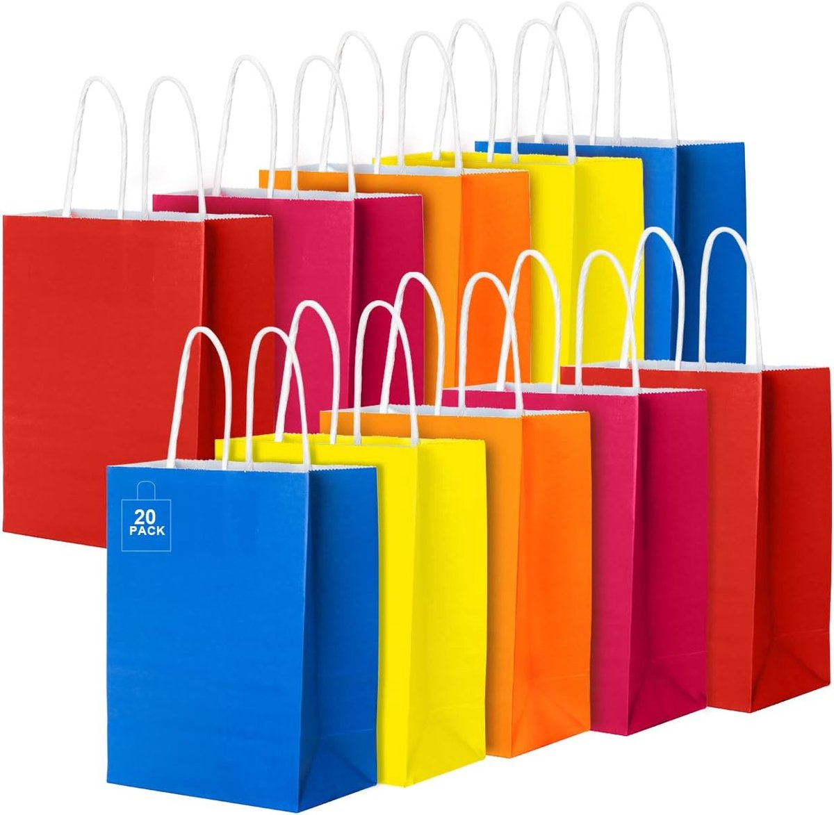 20-pack kleurrijke papieren feestcadeauzakken met hengsels - Diverse felle kleuren voor verjaardagen, bruiloften, babyshowers, vrijgezellenfeesten en meer - Perfect voor bedankjes en traktaties