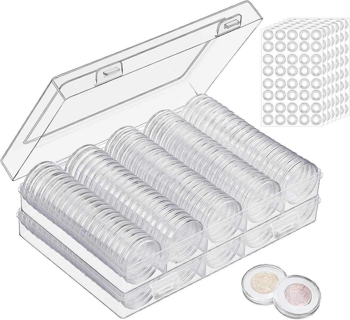 30 mm muntcapsules met 5 maten schuimpakkingen, plastic muntendoos, munthouder voor verzamelaars, muntenkoffer voor bescherming en muntenverzamelalbum, voor het organiseren van munten in