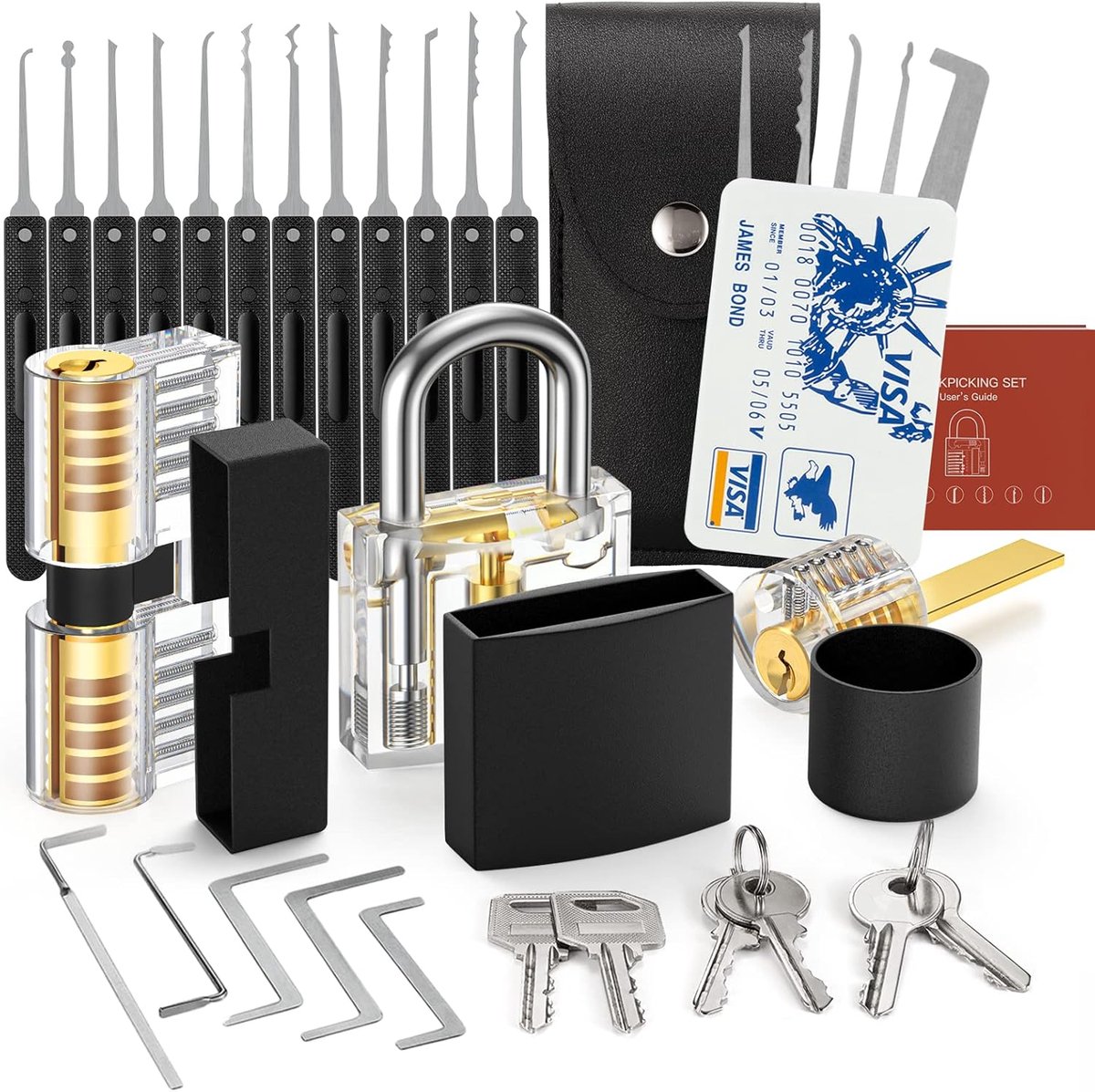 36-delige lockpickset, geschikt voor beginners en 2023, bijgewerkt met 3 transparante sloten, lockpicking-set voor beginners en professionele slotenmakers
