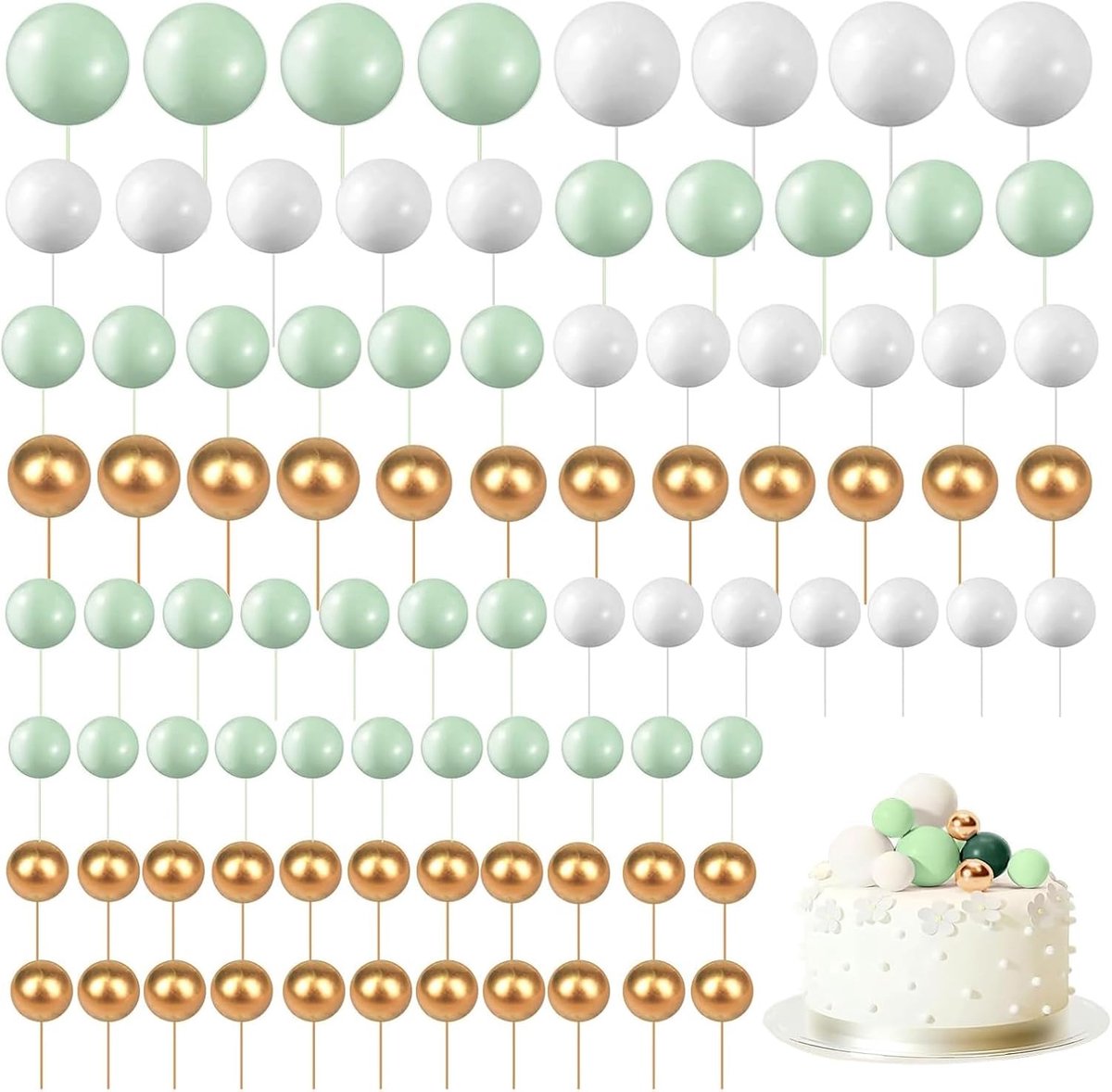 108 stuks taartdecoraties, ballen taarttopper | Topper schuimbal taart decoratie taart voor verjaardag, bruiloft, feest, babyshower, Valentijnsdag (groen/wit/goud)