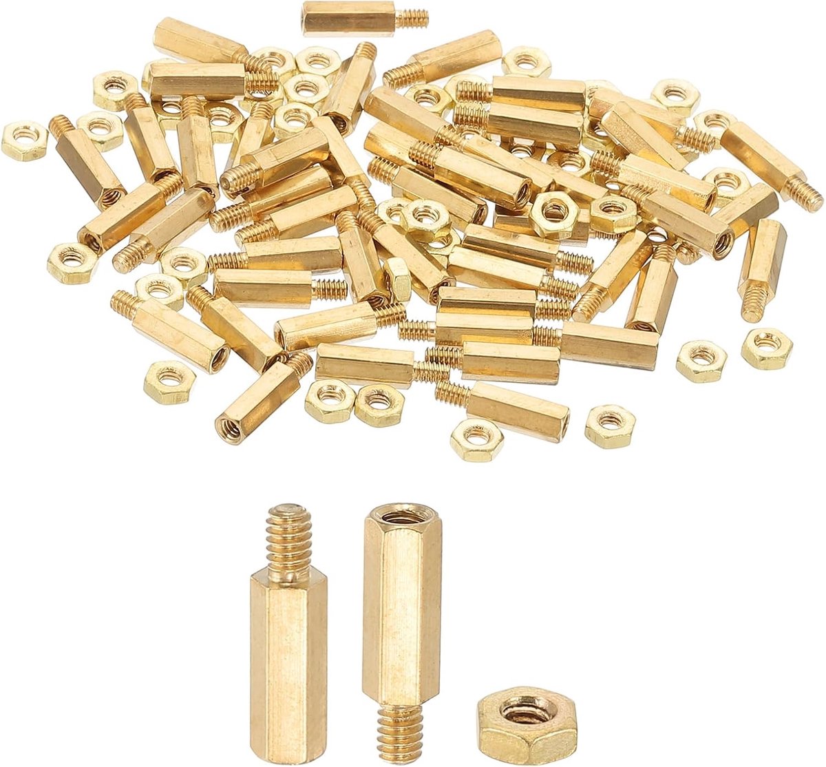 M2 x 8 mm + 3 mm afstandsschroeven, 100 stuks mannelijke naar vrouwelijke zeskantige messing PCB-afstandshouder afstandsschroef moer, assortimentskit voor printplaat, printplaat, goudkleurig