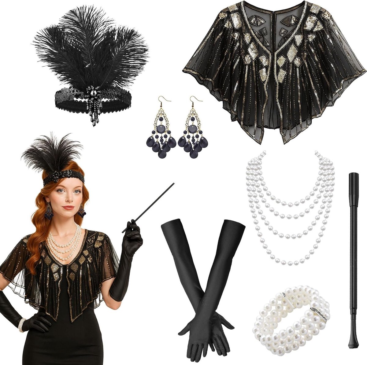Accessoires voor dames, Great Gatsby-accessoireset, Charleston, accessoires voor dames, voor maskerade, Kerstmis, Mardi Gras, Halloween