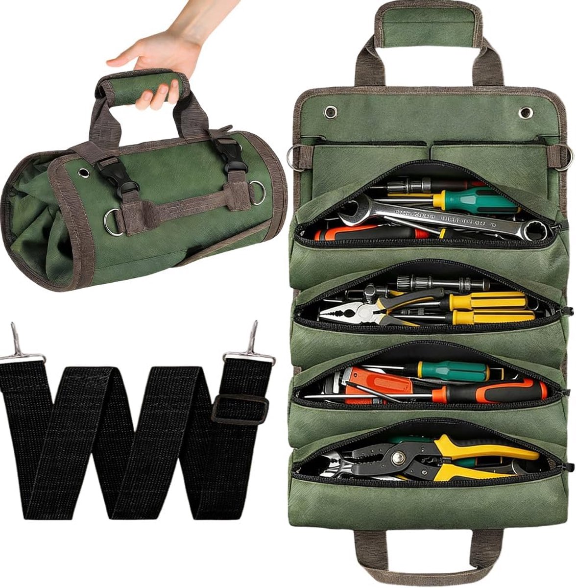 SnelShoppen - Tool Roller Bag Oxford Stoffen Gereedschapsrol 5 Vakken met Rits, 2 Verwijderbare Gereedschapstassen, Waterdicht en Stevig voor Klussers