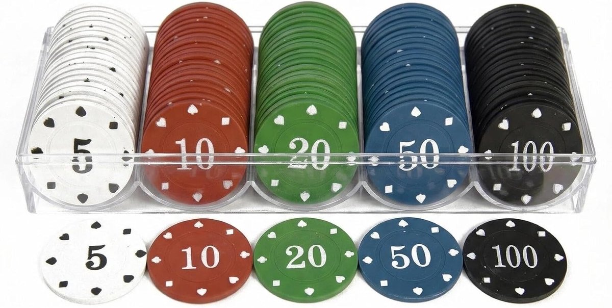 Pokerchipset, 100 Fiches met Waarden en Opbergdoos | 20 fiches per waarde 5, 10, 20, 50 en 100, geschikt voor poker, blackjack en gezellige casinoavonden thuis