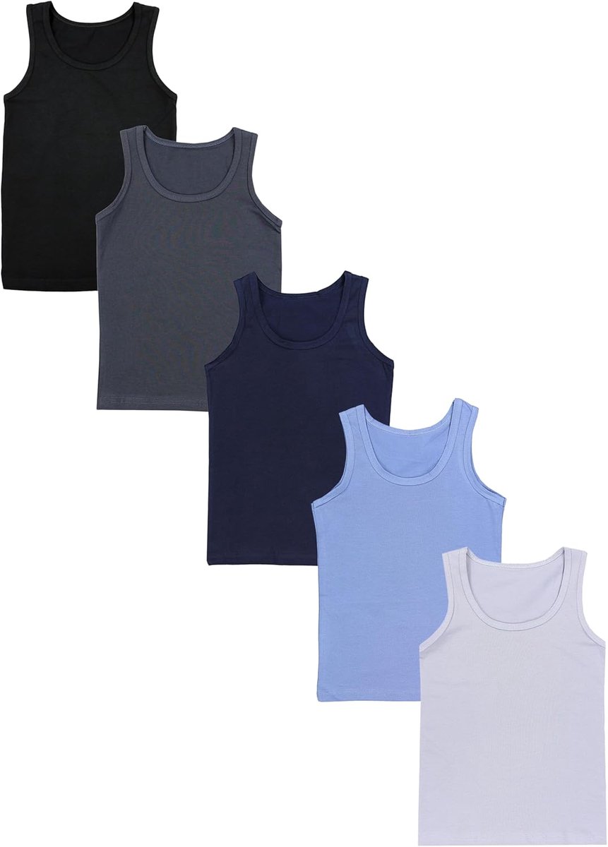 Jongens Onderhemd Mouwloos Tank Top 5 Pack Katoen, Zwart Donkerblauw Antraciet Grijs Blauw, 128-134
