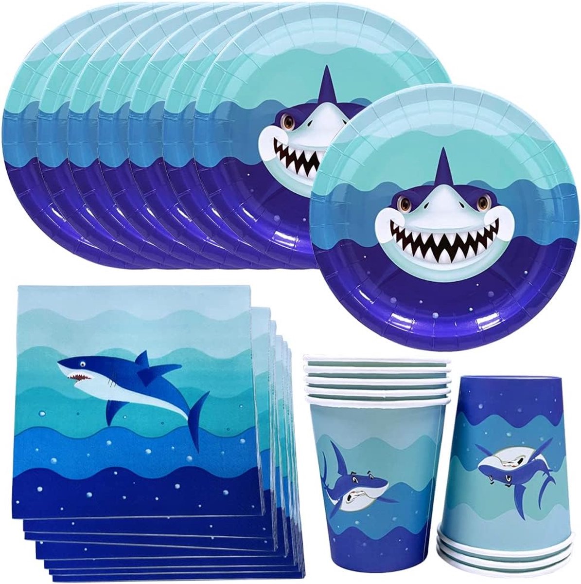 Partyservies, zeedieren, kinderverjaardag, decoratie, haai, verjaardagsfeest, servies, papieren borden, bekers, servetten, feestservies, set, tafeldecoratie, B, 8 personen