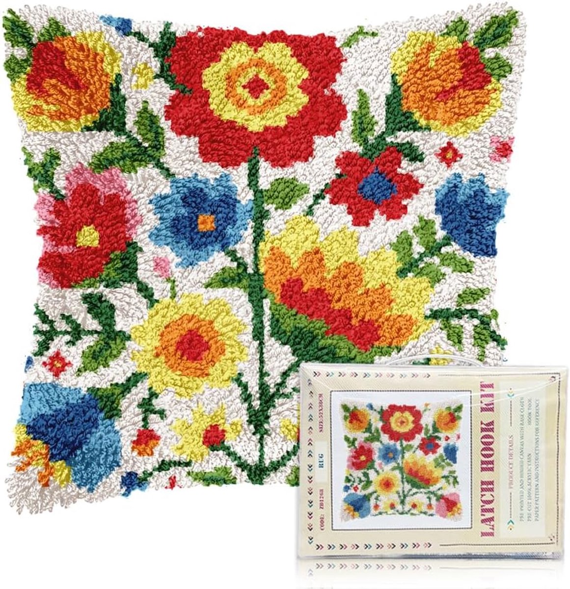 Kits voor volwassenen beginners kleurrijke bloemen voorbedrukte doe-het-zelf haak en grendel kits kussensloop voor thuis sofa decoratie, inclusief instructies 43 x 43 cm