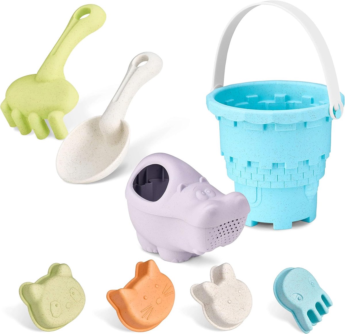 Zandbakspeelgoed biologisch, strandspeelgoed, zandspeelgoedset 8-delig: zandkasteel-emmer, gieter, hark/hark, 4 x dieren-zandvormen, robuust en duurzaam, biologisch plastic