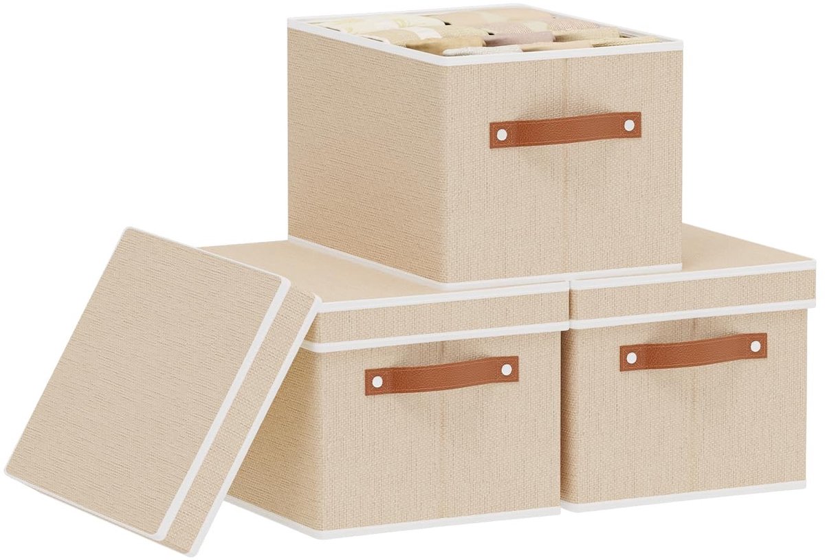 Omgoods - Set van 3 Beige Opbergdozen met Deksel en Handvatten