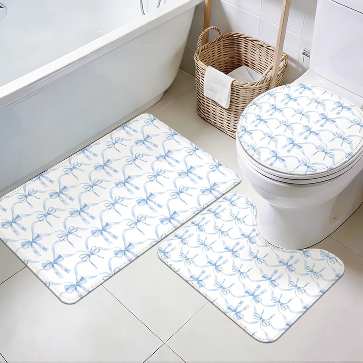 Omgoods - Badmat Set van 3 in Blauw met U-vormig Toiletdeksel
