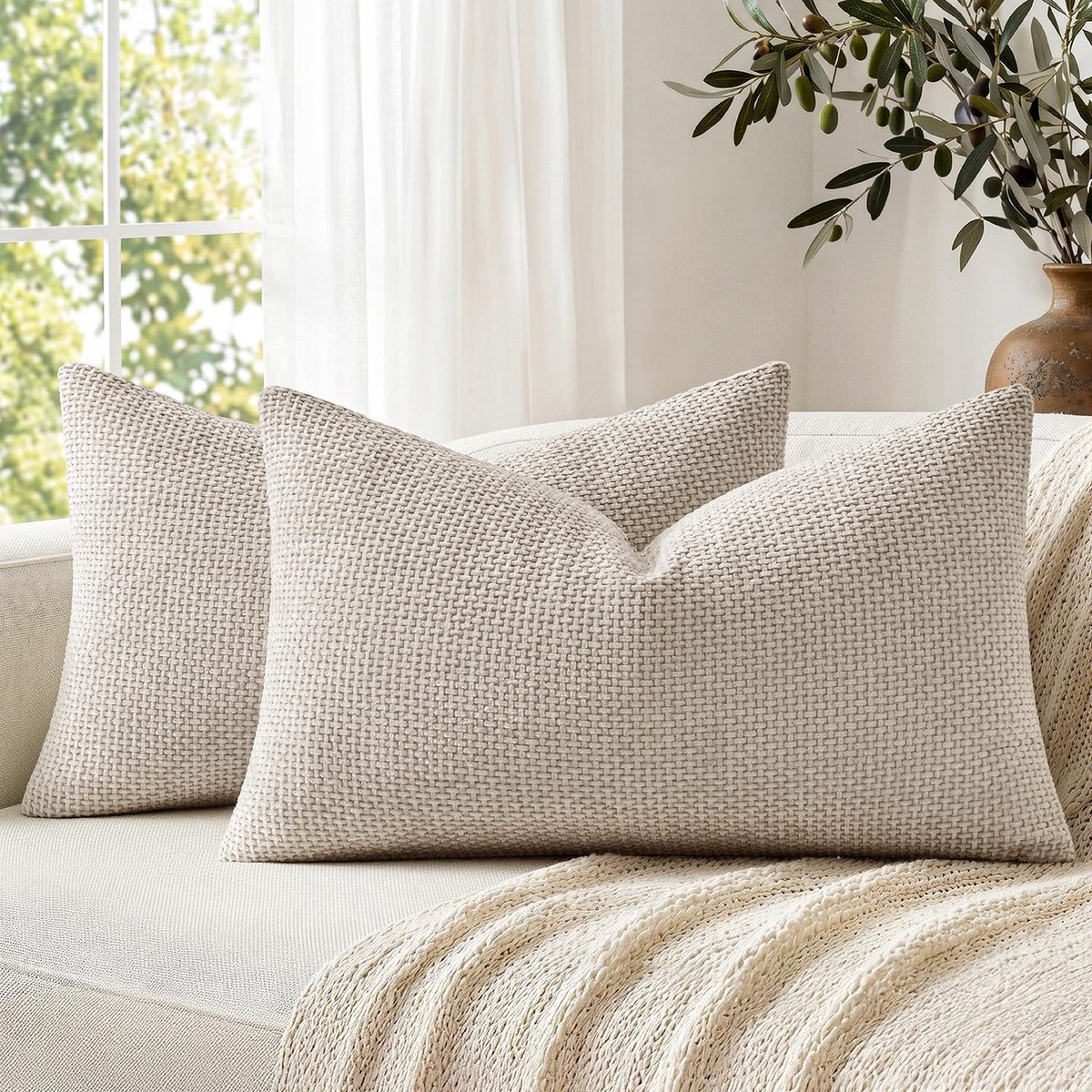 Omgoods - Set van 2 Beige Chenille Kussenslopen 40x60 cm voor Sofa en Bed