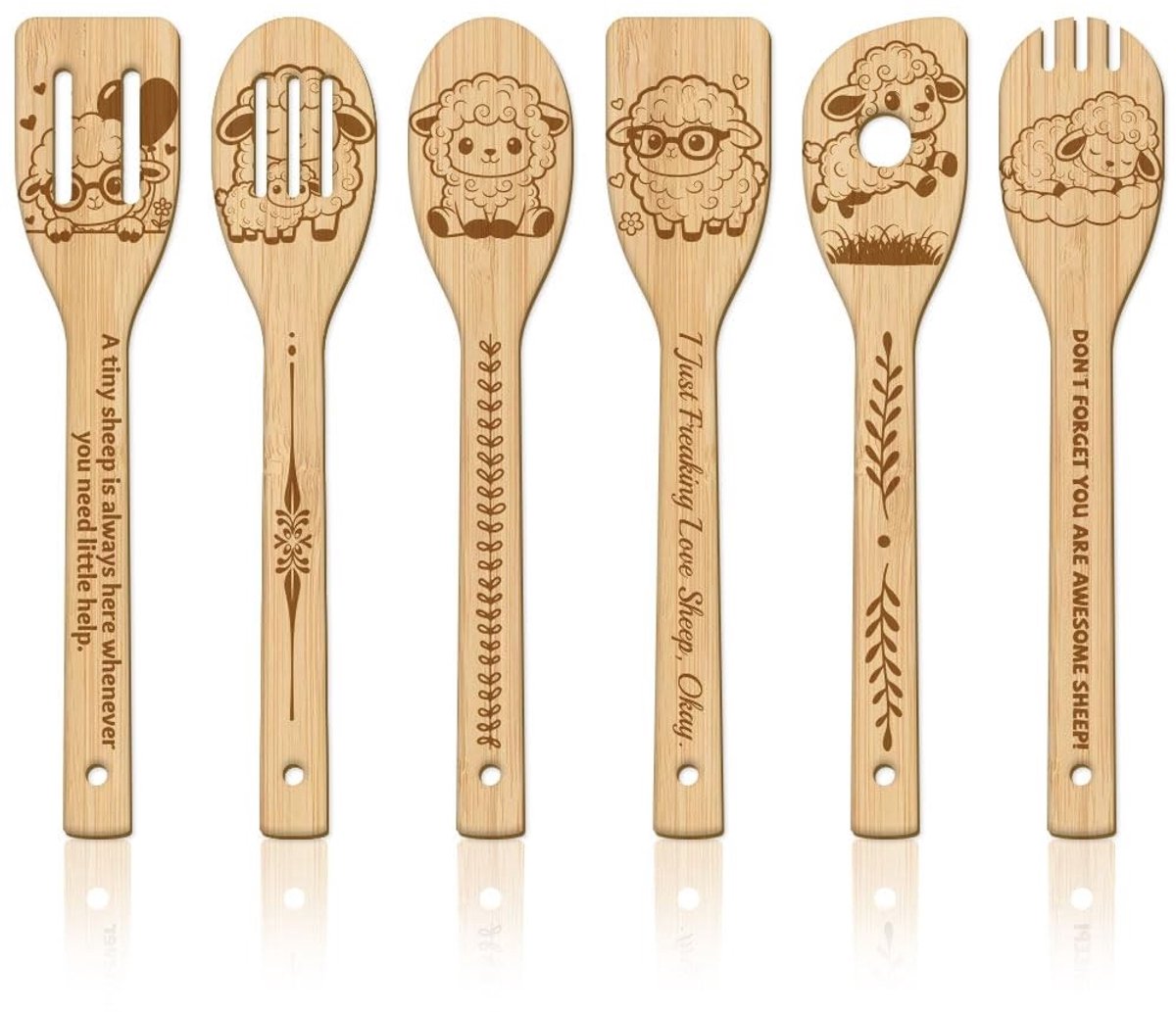 Omgoods - Set van 6 Houten Lepels in Schapenvorm van Bamboe