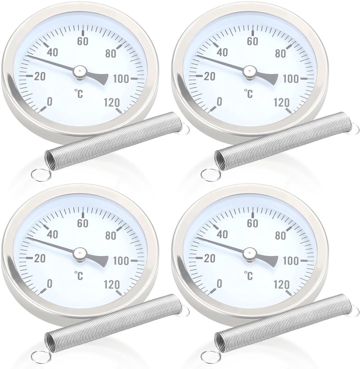 Aanlegthermometer, verwarmingsbuis, 4 stuks, bimetalen aanlegthermometer, thermometer, industriële buisthermometer, temperatuurweergave met clip-on veer, buisthermometer 0-120 °C, 63 mm