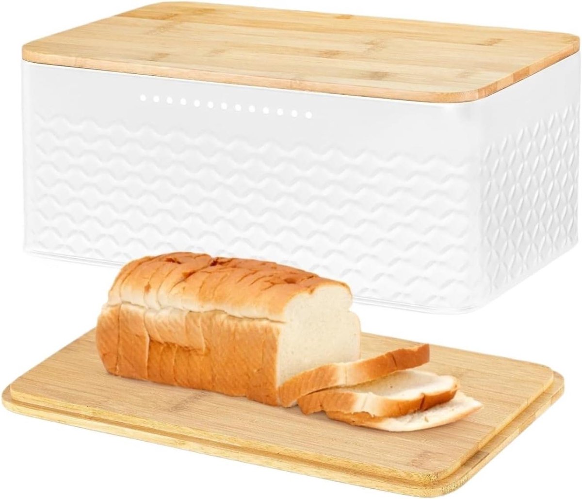 Broodtrommel met Bamboe Deksel - Broodbak Broodbox - Brood Vers Houden - Deksel als Snijplank - 33x18x13.5cm - Wit