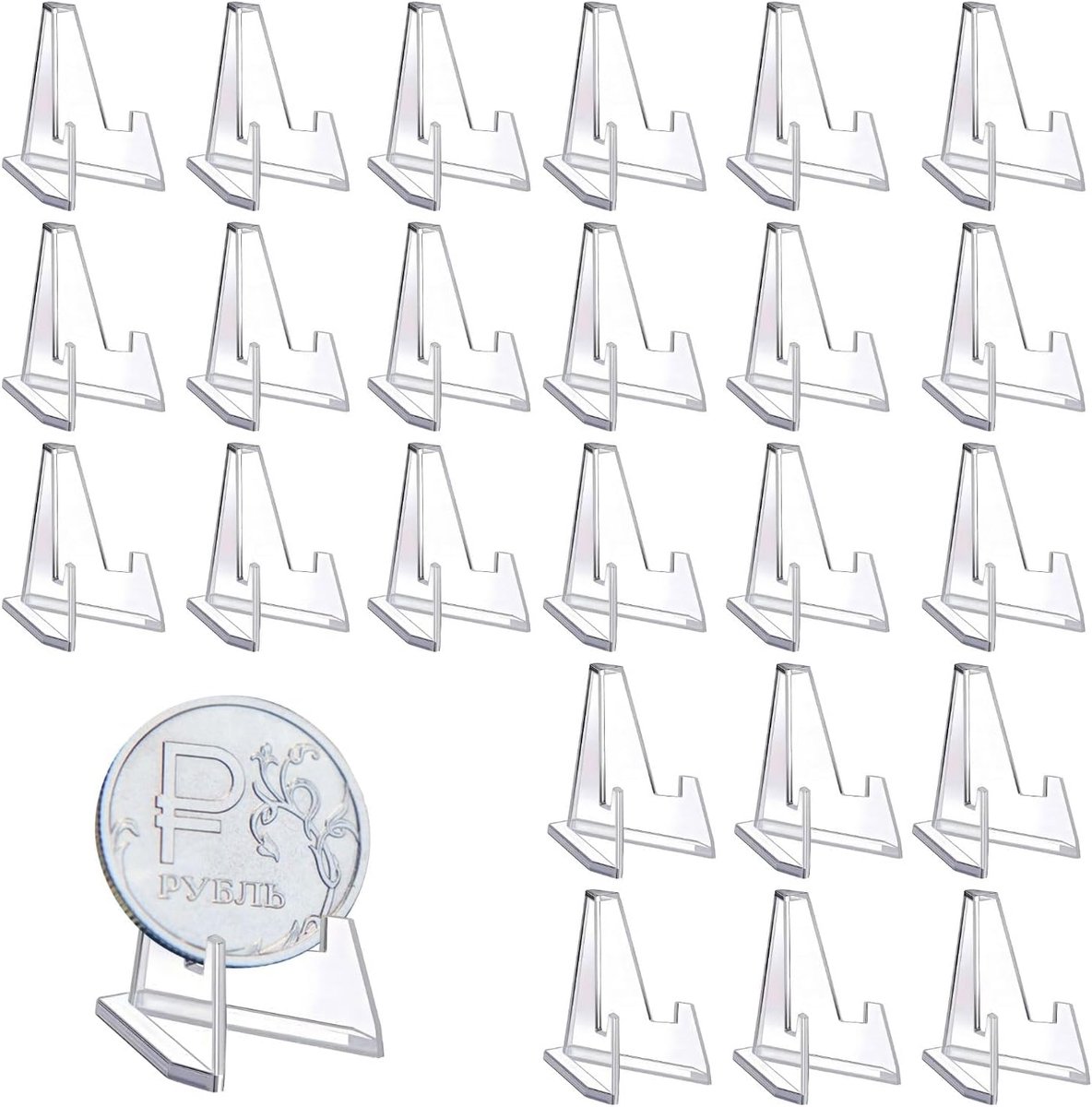 25 stuks transparante acryl munthouders mini display standaard voor verzamelmunten, kaarten, medailles en hangers, stabiele ezelstandaard om op het bureau te presenteren