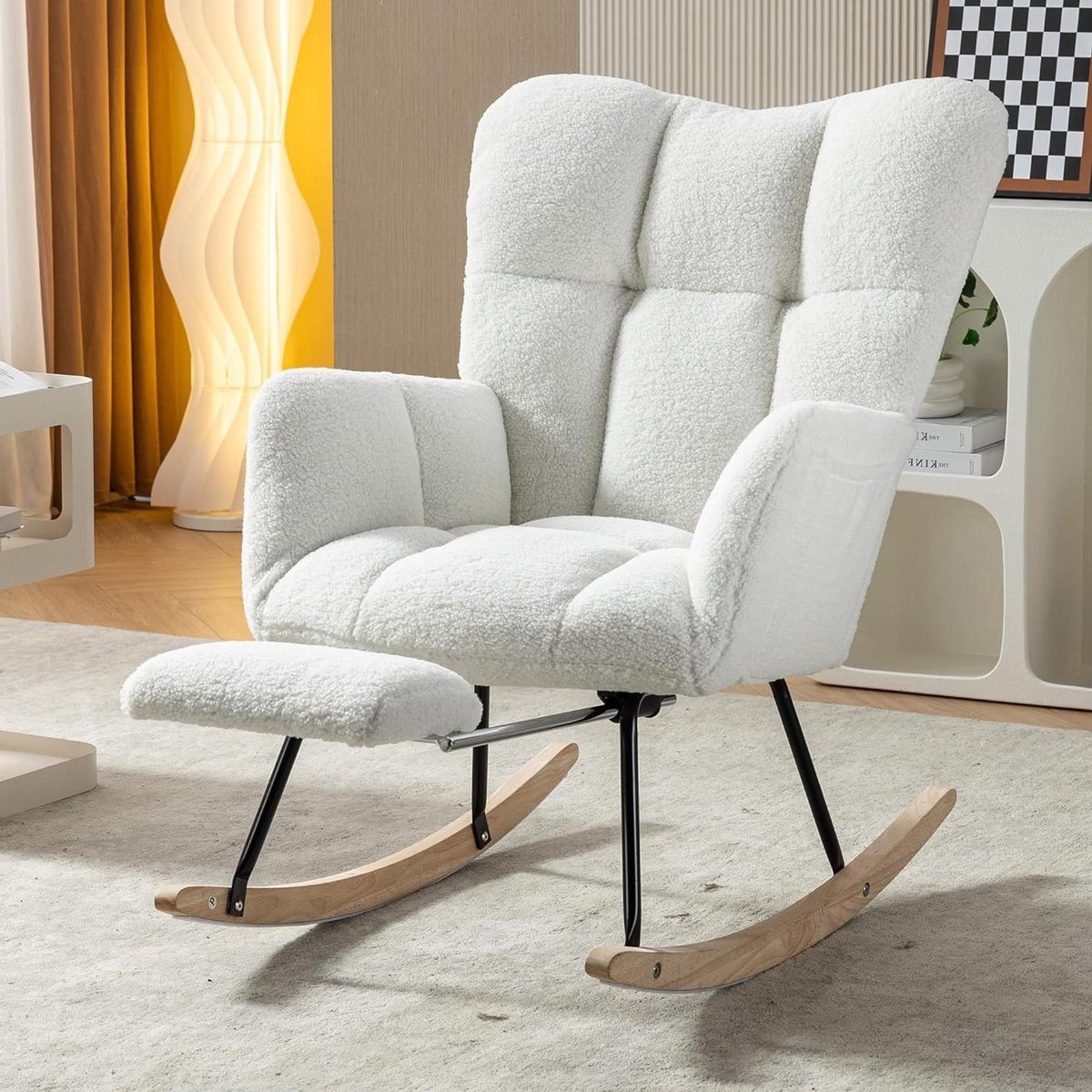 Comfortabele Schommelstoel - Relaxfauteuil Teddy - Ontspannen Lezen - Stil Zonder Krassen - 98.5x80x98 cm - Wit