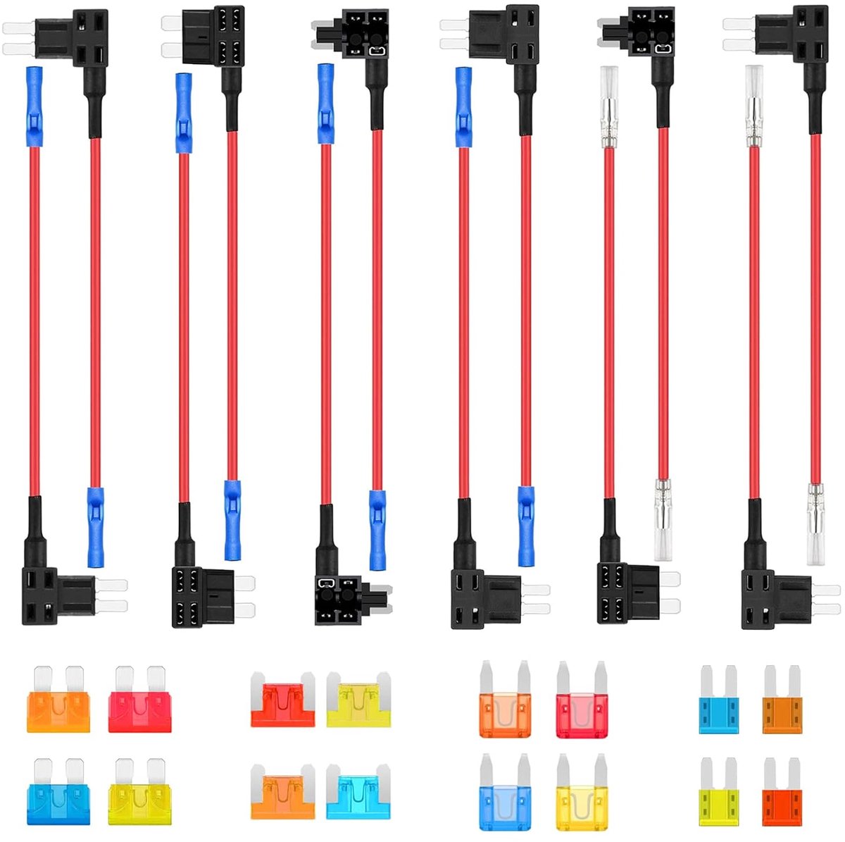 Tap Set Mini Micro Micro2 Standaard Piggy Back Zekeringhouders 12V Voeg een Circuit Wire Taps Adapter met Blade Auto Zekeringen 5A 10A 15A 20A voor auto's (Pack van 12 stuks)