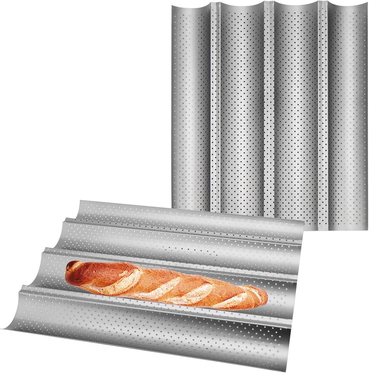 2 stuks baguetteplaten (voor 4 baguettes), baguettevorm voor baguettes, Frans en Italiaans brood, 38 x 33 x 2,4 cm, zilver
