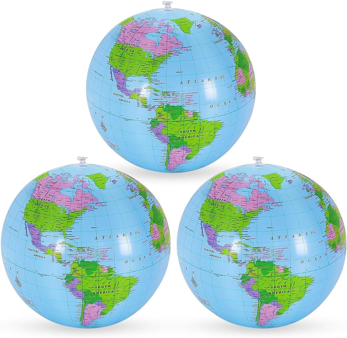 wereldbol, pvc-wereldbol, geografie wereldkaart, waterbal, opblaasbaar, voor strand, school, onderwijs, kinderen, jongeren, na het opblazen, 28 - 30 cm, blauw, 3 stuks
