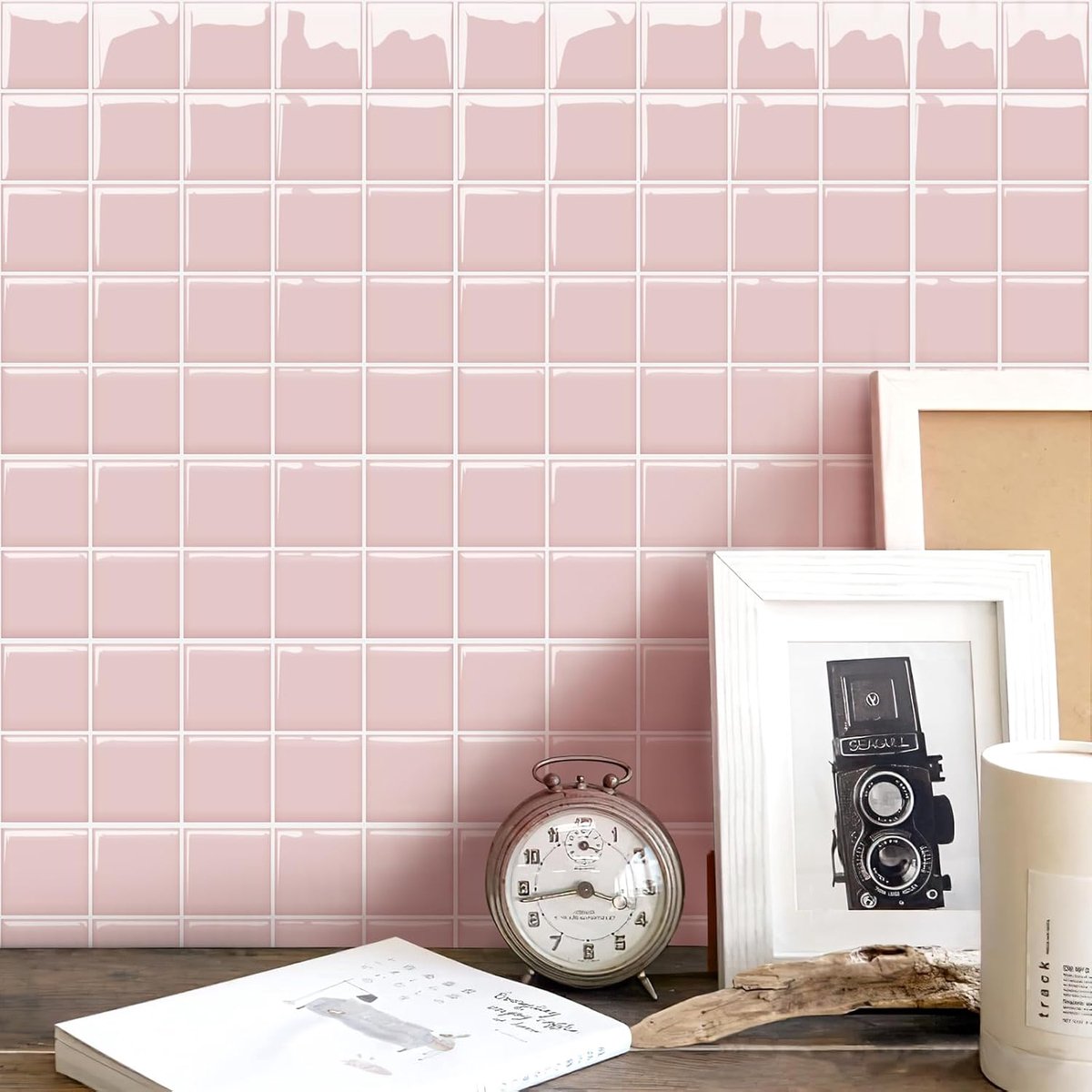 Tegelstickers, roze, transfer, verstevigd, los te trekken en weer aan te plakken, zelfklevende waterdichte stickers voor keuken, badkamer, muur, 25 x 25 cm